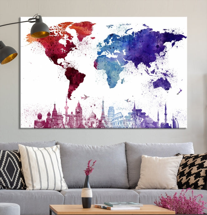 Impression sur toile de carte du monde à l’aquarelle, carte du monde à l’aquarelle couleur