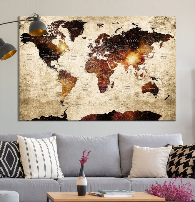 Impresión de lienzo del mapa del mundo, impresión de lienzo del alfiler del mapa, arte de la pared del alfiler del mapa del viaje del mundo del arte de la pared grande,