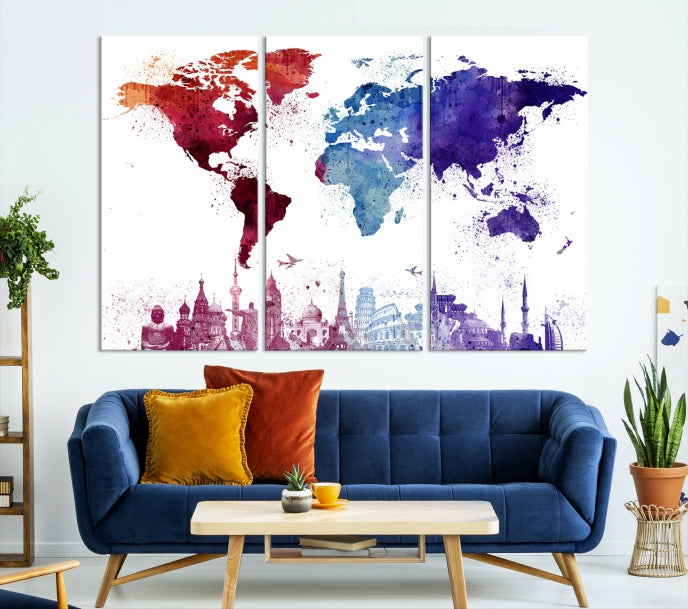 Impression sur toile de carte du monde à l’aquarelle, carte du monde à l’aquarelle couleur