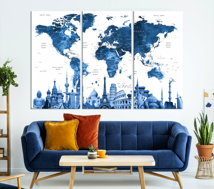 Blue Watercolor World Map Wall Art w/ Wonders of the World Canvas Print