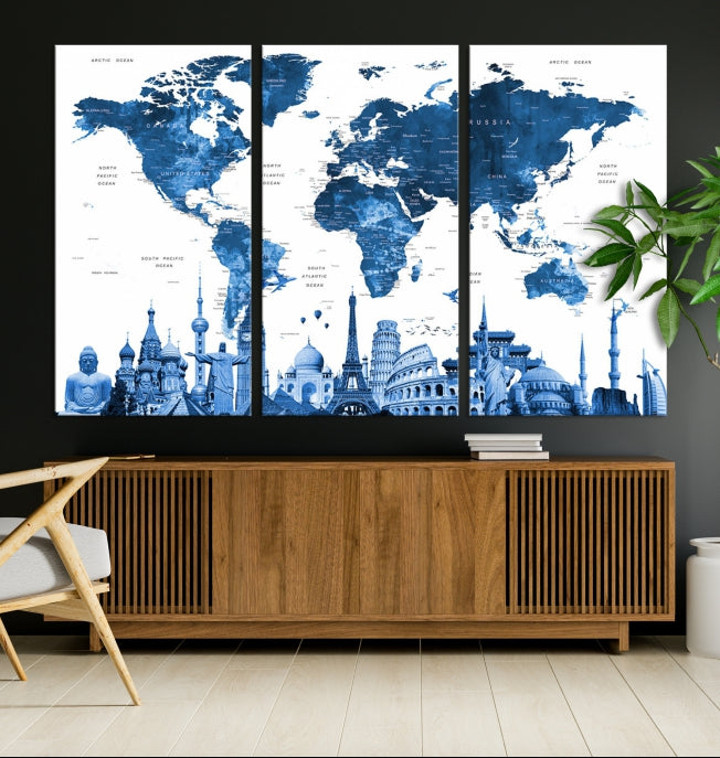 Blue Watercolor World Map Wall Art w/ Wonders of the World Canvas Print