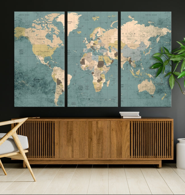 Impression sur toile d’art mural de carte du monde classique