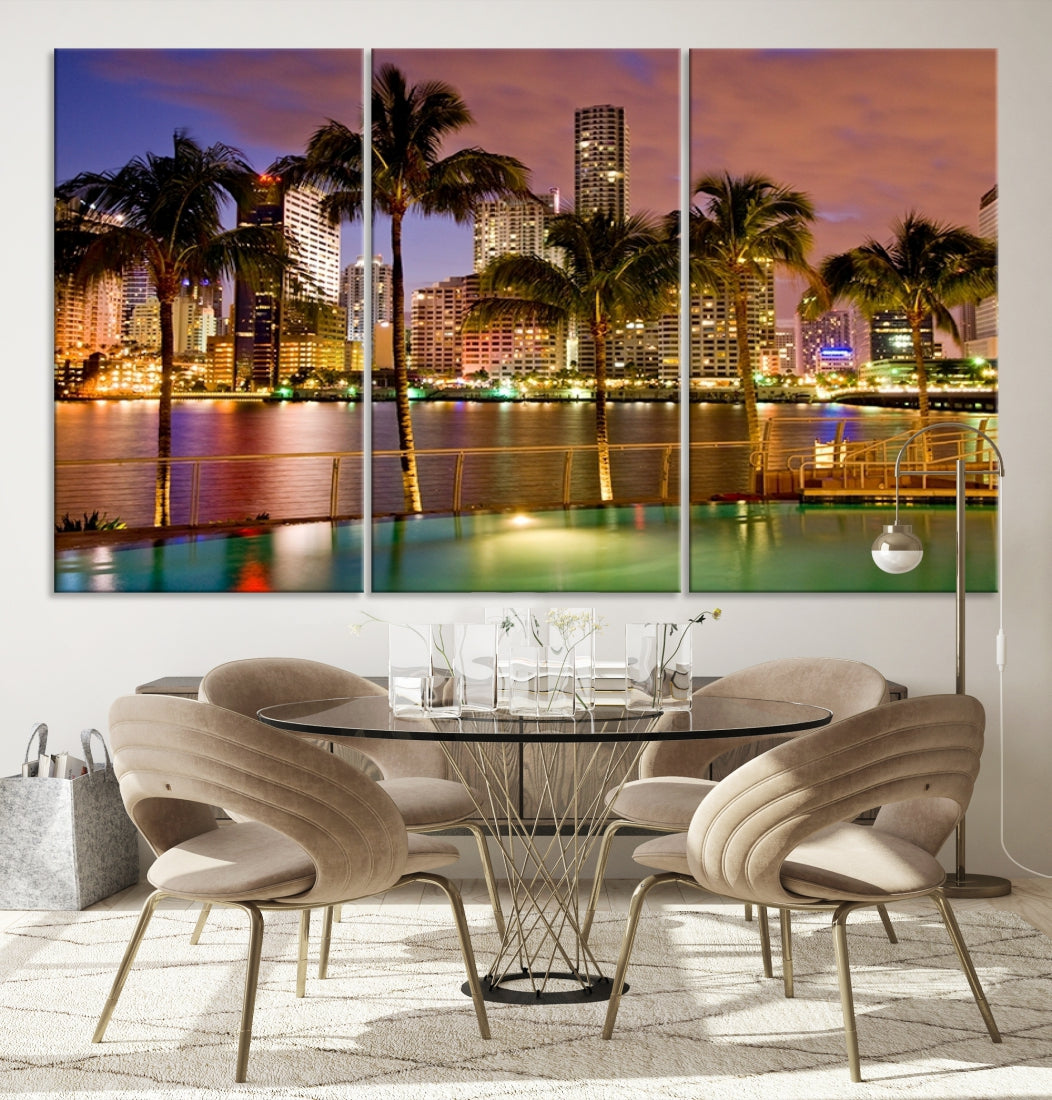 Impresión de lienzo de MIAMI de arte de pared grande - Horizonte de Miami con palmeras