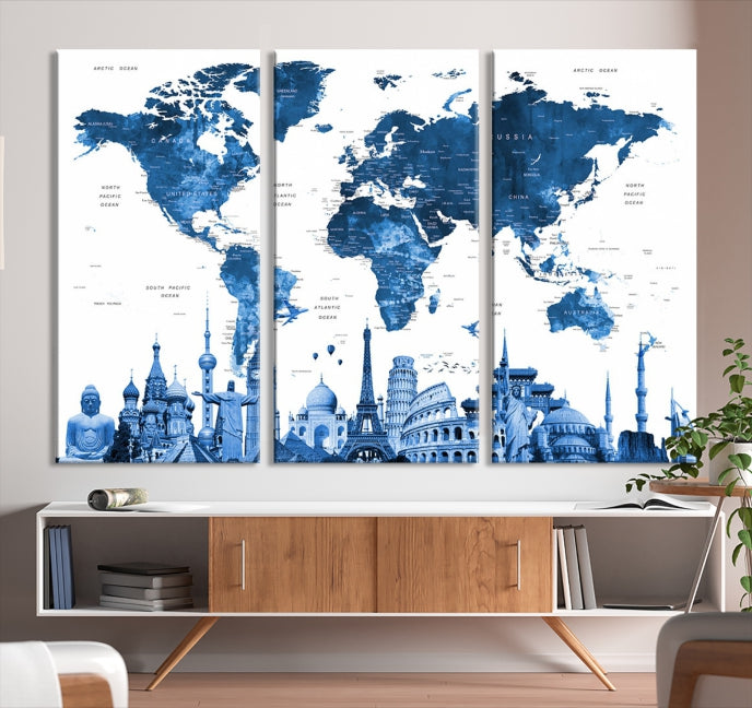 Blue Watercolor World Map Wall Art w/ Wonders of the World Canvas Print