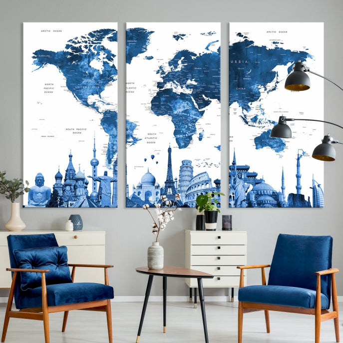 Blue Watercolor World Map Wall Art w/ Wonders of the World Canvas Print