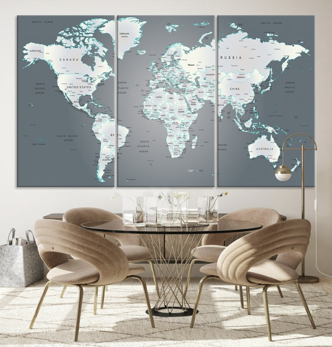 Arte de pared Mapa mundial de viajes - Mapa mundial grande con chinchetas Estilo vintage gris verde Lienzo