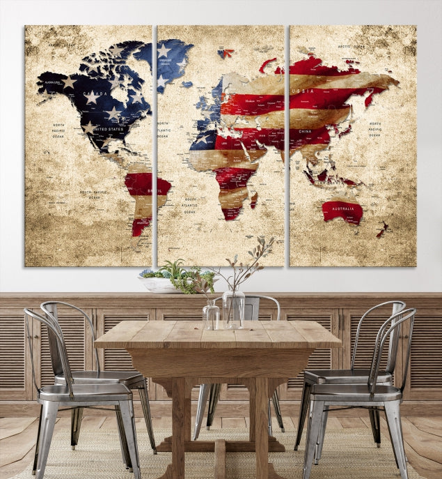 USA Flag and World Map Grunge Canvas Print