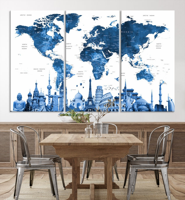 Blue Watercolor World Map Wall Art w/ Wonders of the World Canvas Print