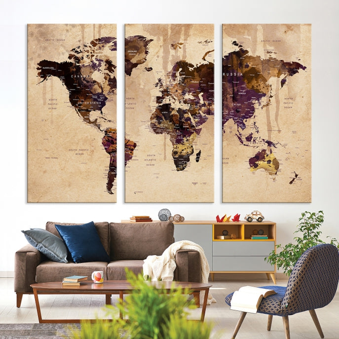 Arte de la pared del mapa mundial, lienzo del mapa mundial, impresión del mapa mundial, cartel del mapa mundial, arte del mapa mundial, pasador de empuje del mapa mundial