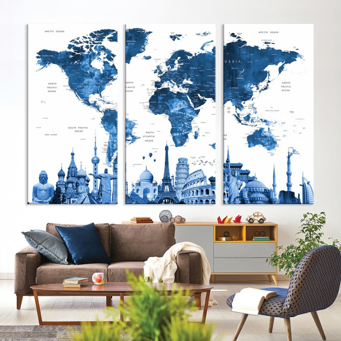 Blue Watercolor World Map Wall Art w/ Wonders of the World Canvas Print