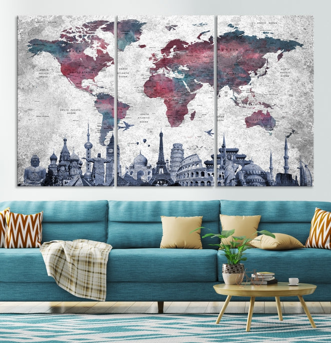 Blue Multipanel World Map Wall Art Canvas Print