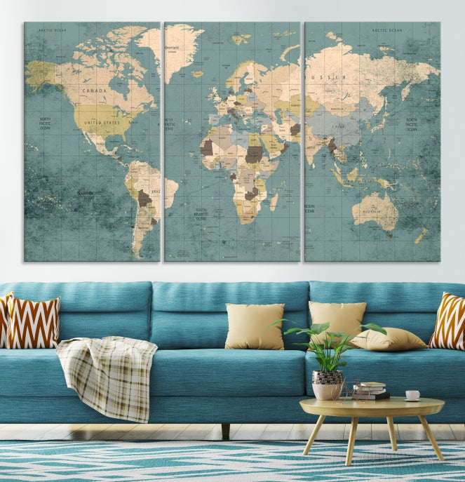 Impression sur toile d’art mural de carte du monde classique