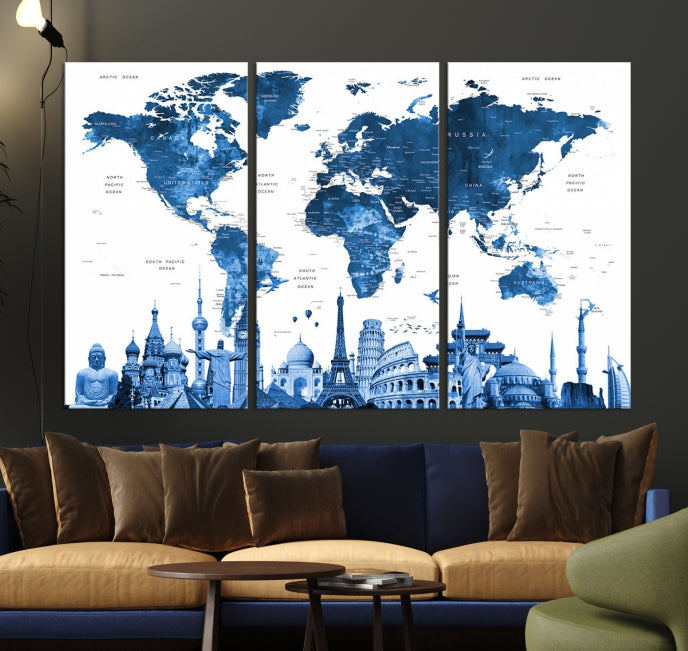 Blue Watercolor World Map Wall Art w/ Wonders of the World Canvas Print