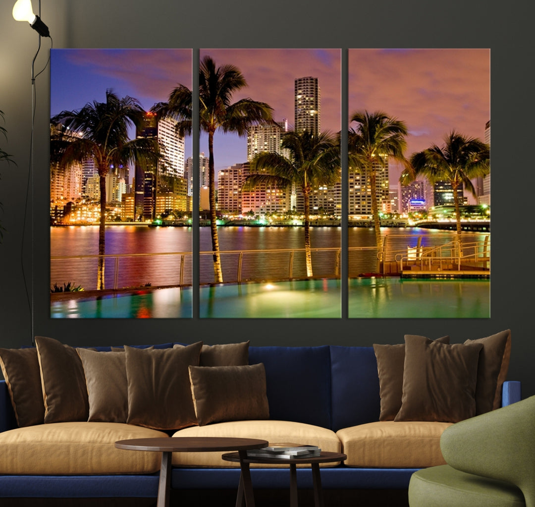 Impresión de lienzo de MIAMI de arte de pared grande - Horizonte de Miami con palmeras