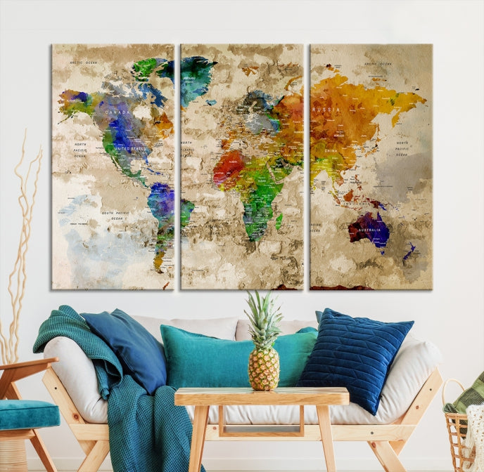 Arte de la pared del mapa mundial, lienzo del mapa mundial, impresión del mapa mundial, cartel del mapa mundial, arte del mapa mundial, pasador de empuje del mapa mundial