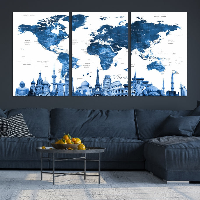 Blue Watercolor World Map Wall Art w/ Wonders of the World Canvas Print