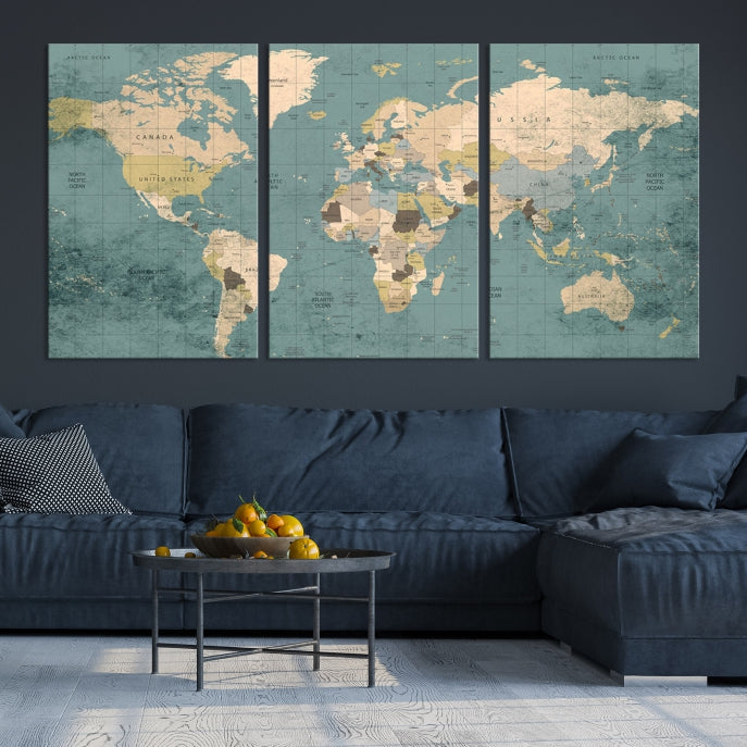 Impression sur toile d’art mural de carte du monde classique