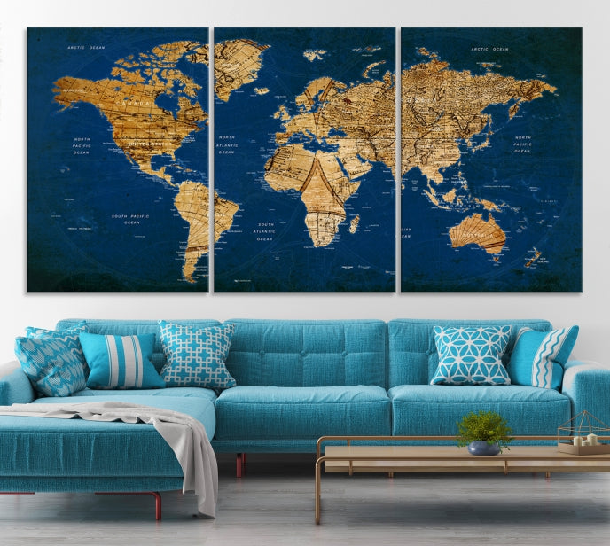 Alfiler de arte de pared grande con mapa del mundo antiguo azul marino Lienzo
