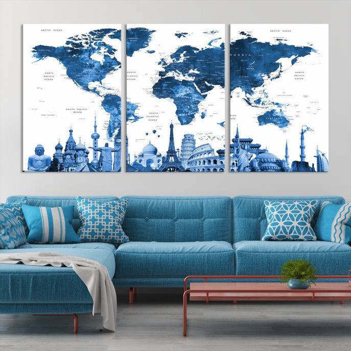 Blue Watercolor World Map Wall Art w/ Wonders of the World Canvas Print