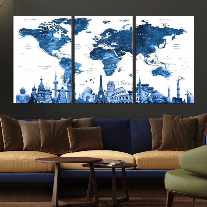 Blue Watercolor World Map Wall Art w/ Wonders of the World Canvas Print