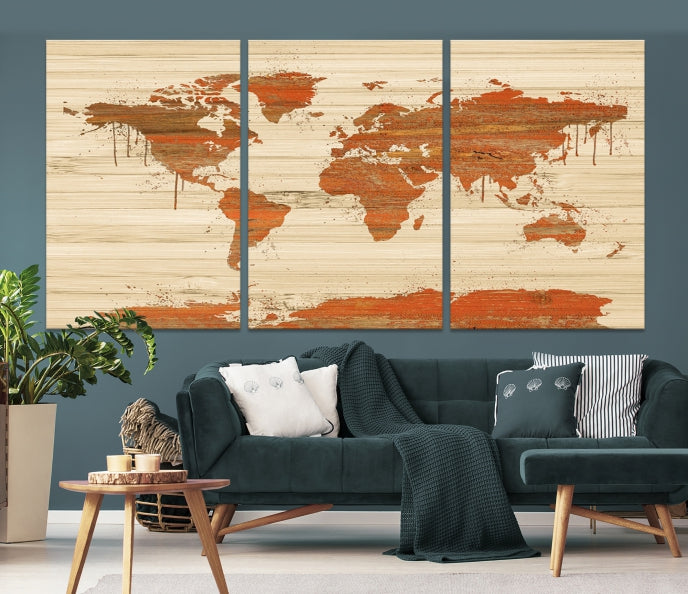 Style de fond en bois Carte du monde Art mural Impression sur toile