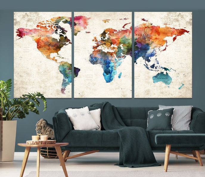Couleurs vives Push Pin Aquarelle Carte du monde, Carte du monde Art mural