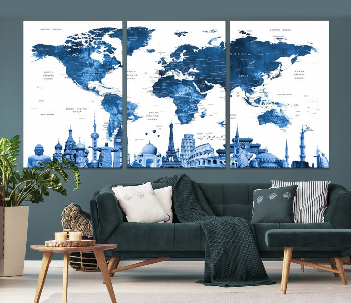 Blue Watercolor World Map Wall Art w/ Wonders of the World Canvas Print