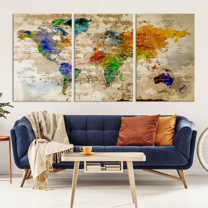 Arte de la pared del mapa mundial, lienzo del mapa mundial, impresión del mapa mundial, cartel del mapa mundial, arte del mapa mundial, pasador de empuje del mapa mundial