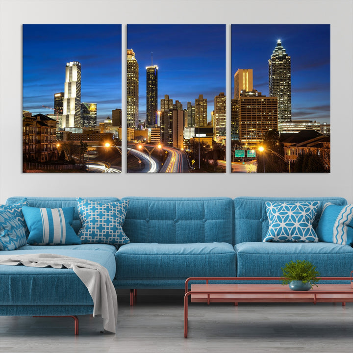 Arte de pared grande con vista del paisaje urbano del horizonte azul nocturno de las luces de la ciudad de Atlanta Impresión en lienzo