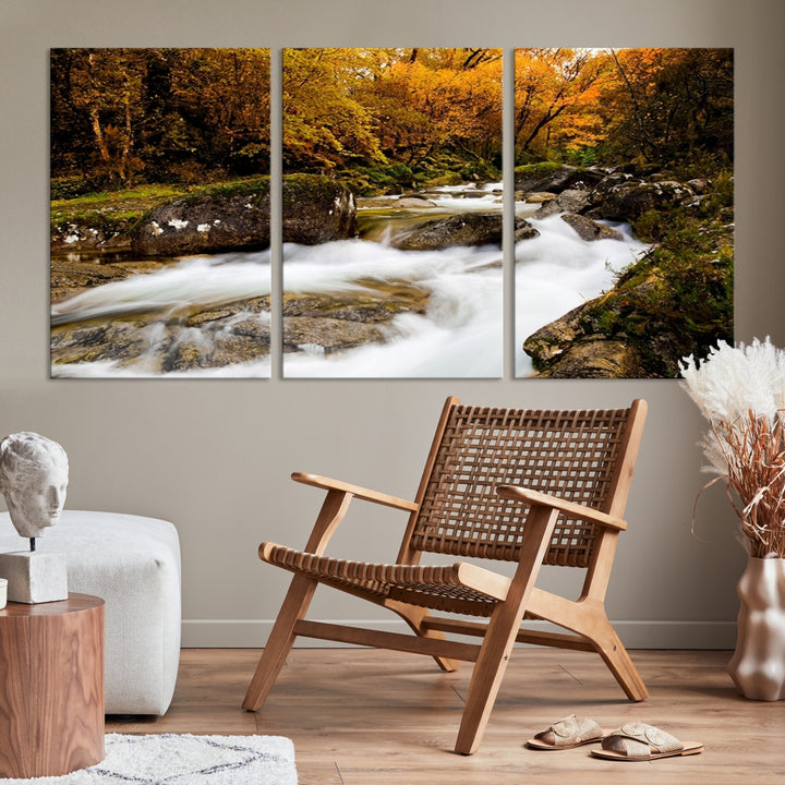 Impresión en lienzo de cascada de arte de pared grande - Río en el bosque en otoño