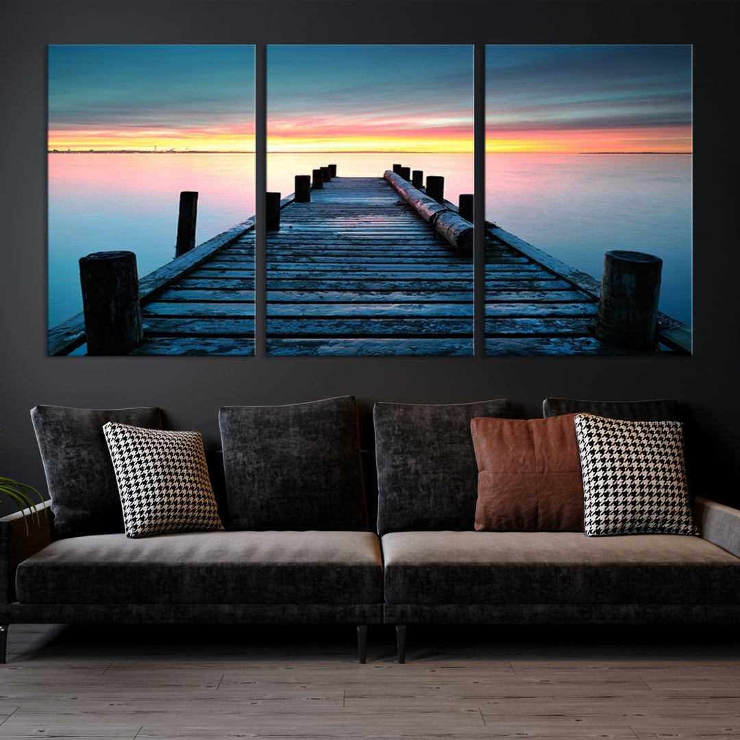 Arte de pared grande Muelle de madera vintage en el mar al atardecer Lienzo