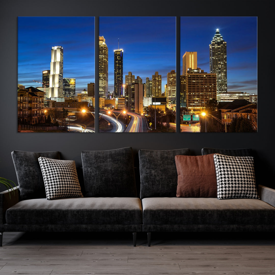 Atlanta City Lights Nuit Bleu Skyline Cityscape View Wall Art Impression sur toile