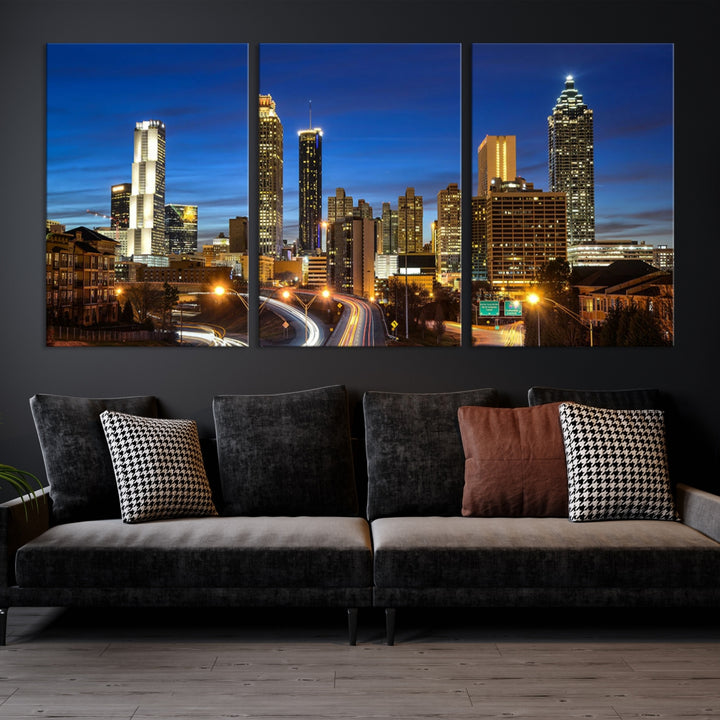 Arte de pared grande con vista del paisaje urbano del horizonte azul nocturno de las luces de la ciudad de Atlanta Impresión en lienzo