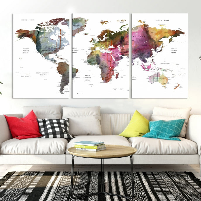 Carte du monde Push Pin Travel Lover Wall Art Impression sur toile