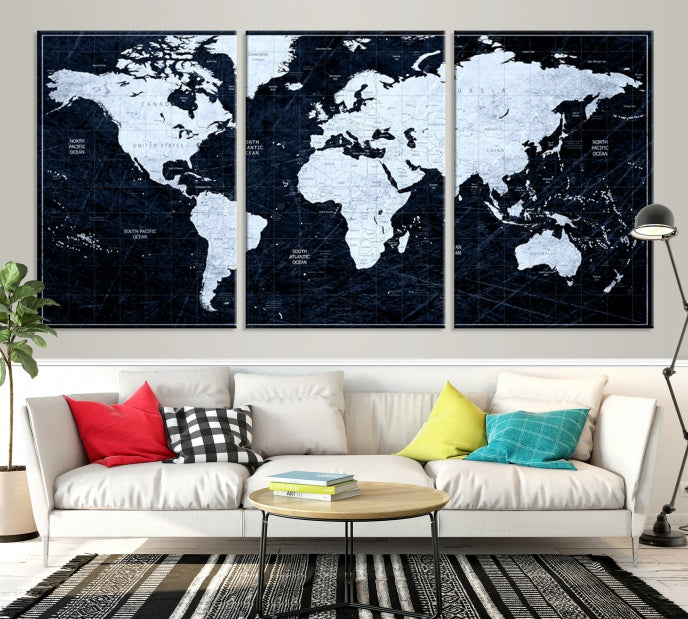White Colored Push Pin World Map on Jet Black Background