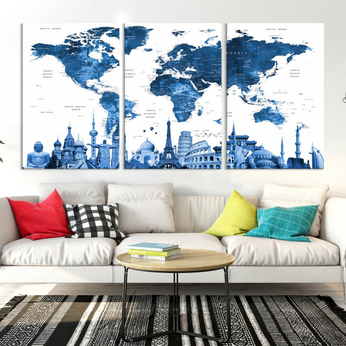 Blue Watercolor World Map Wall Art w/ Wonders of the World Canvas Print