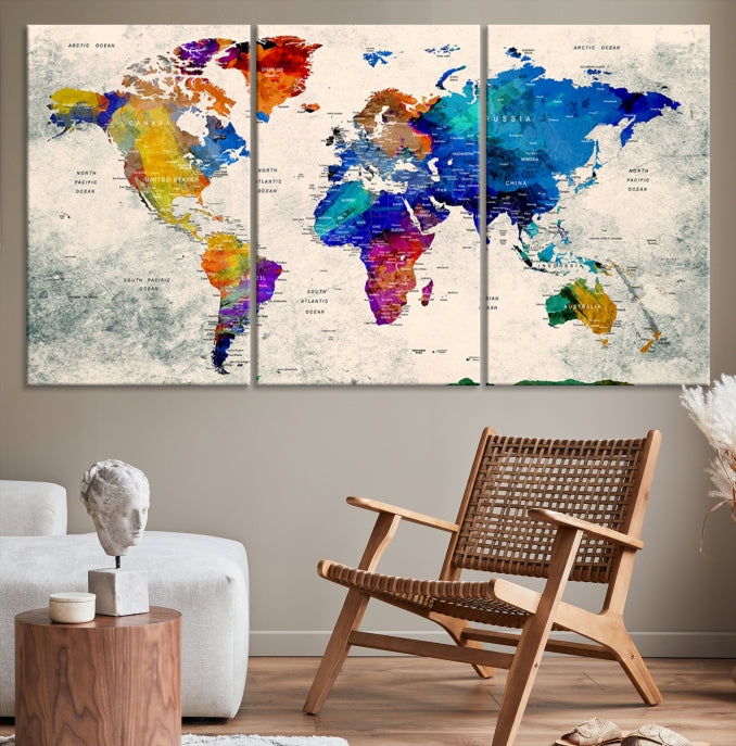 Carte du monde d'art mural aquarelle bleue Impression sur toile