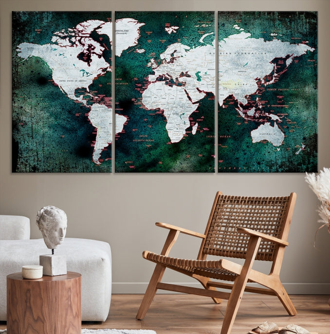 Carte du monde en toile, Art sur toile, Carte en toile, Art mural de carte en toile, Intérieur