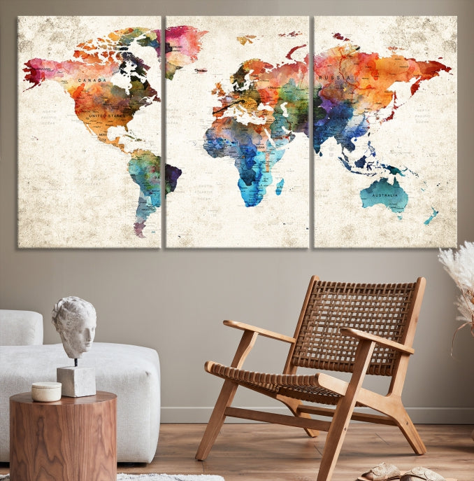 Vivid Colors Push Pin Watercolor World Map, World Map Wall Art