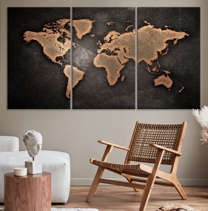 Impression sur toile d’art mural de carte du monde marron