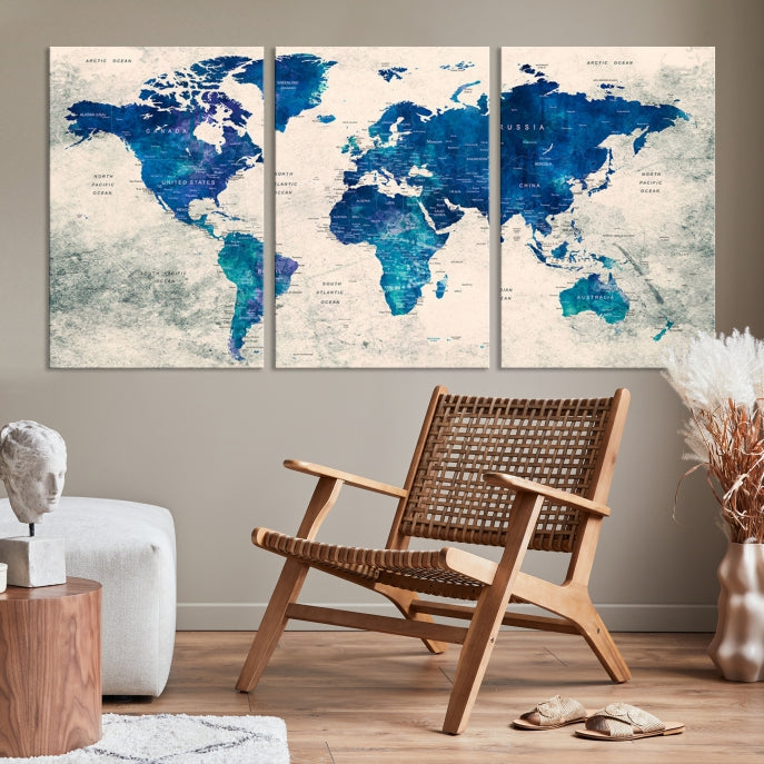 Carte du monde à punaise bleu marine, Art mural, impression sur toile