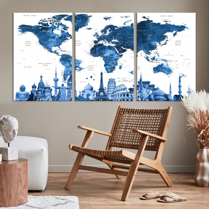 Blue Watercolor World Map Wall Art w/ Wonders of the World Canvas Print