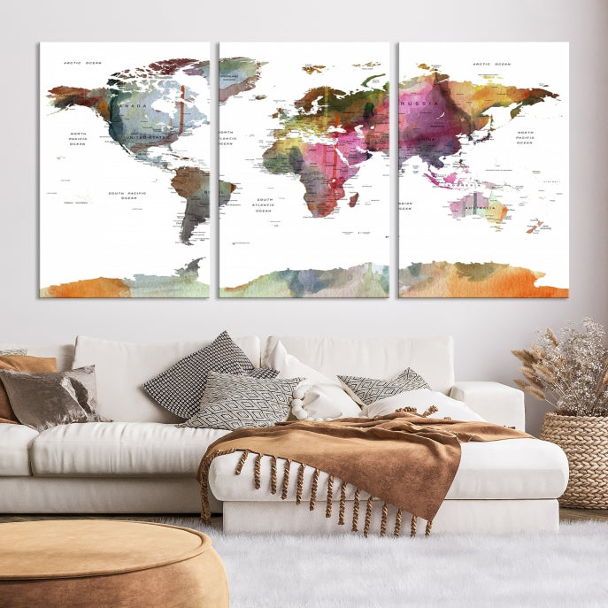 Arte de la pared del mapa del mundo, mapa del mundo Push Pin Travel, mapa del mundo Push Pin, mapa de viajes del mundo, lienzo del mapa Push Pin, lienzo del mapa de viaje, arte del mapa de viaje