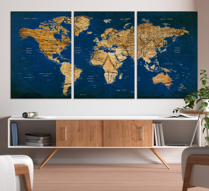 Carte du monde antique bleu marine, punaise d'art mural Impression sur toile