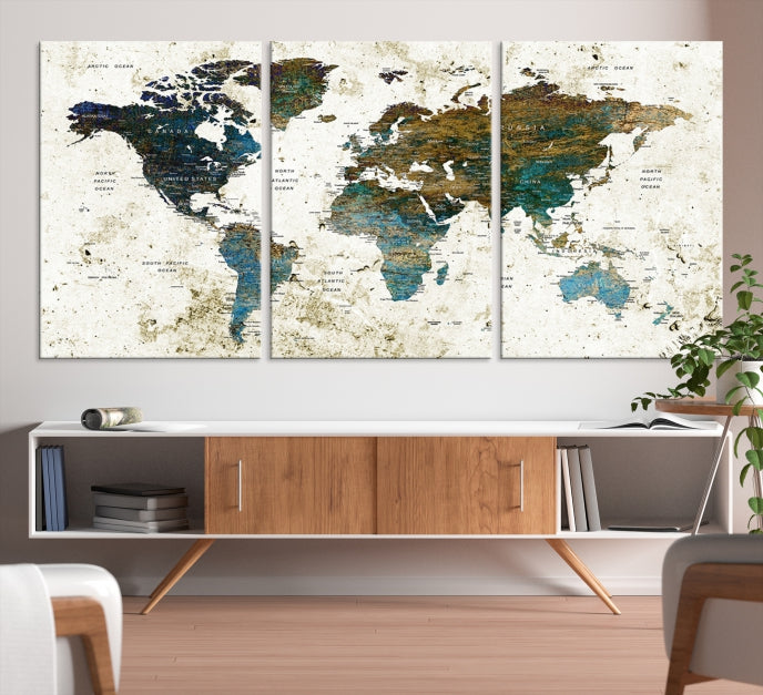 Gran mapa del mundo PUSH Pin Canvas Print, mapa del mundo, impresión de arte del mapa del mundo, arte de la pared del mapa del mundo,