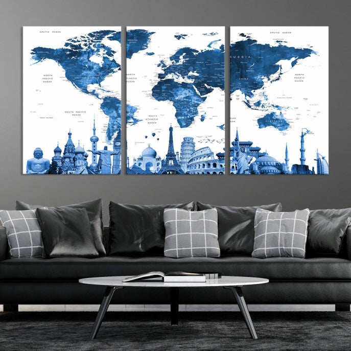 Blue Watercolor World Map Wall Art w/ Wonders of the World Canvas Print