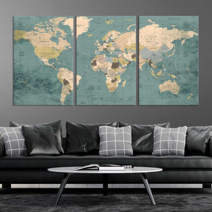 Impression sur toile d’art mural de carte du monde classique