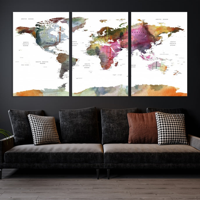 Arte de la pared del mapa del mundo, mapa del mundo Push Pin Travel, mapa del mundo Push Pin, mapa de viajes del mundo, lienzo del mapa Push Pin, lienzo del mapa de viaje, arte del mapa de viaje