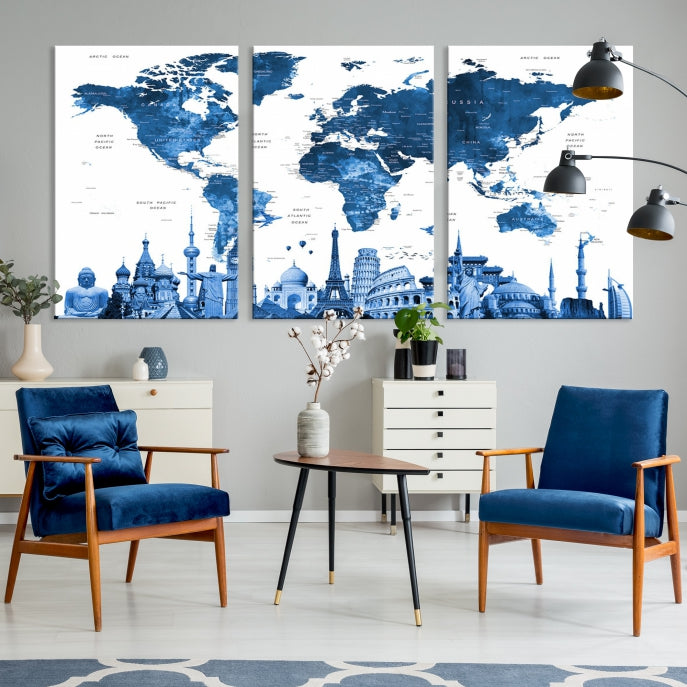 Blue Watercolor World Map Wall Art w/ Wonders of the World Canvas Print