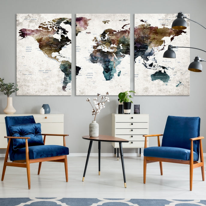 Watercolor World Map Wall Art Canvas Print